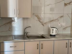 a kitchen with a sink and white cabinets at Terpsithea Apartments in Ayia Napa