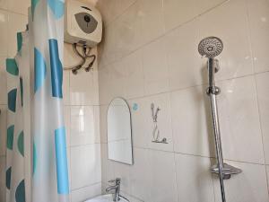 Un baño con ducha con lavabo y espejo. en NL residence - Kampala, en Kampala