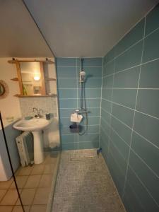 a bathroom with a sink and a shower with blue tiles at Villa Pomme de Pin in Quend-Plage +3 photos