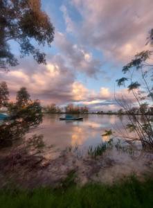 a boat on a lake with a cloudy sky at habitación doble a 100m paseo fluvial in Coria del Río