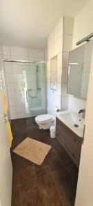 a bathroom with a shower and a toilet and a sink at Urlaub am Seddiner See in Michendorf