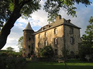 un ancien bâtiment en pierre avec une tour dans un champ dans l'établissement Château de Taussac, à Taussac
