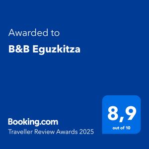 Certifikát, hodnocení, plakát nebo jiný dokument vystavený v ubytování B&B Eguzkitza