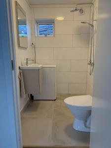 a bathroom with a toilet and a sink and a shower at Bokskogen stugby in Habo