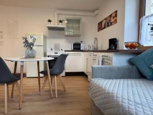 a kitchen and living room with a table and a couch at NÜ04 - Apartment für Firmen in Zirndorf