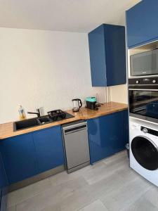 Una cocina con gabinetes azules, un fregadero y un lavavajillas. en L'écrin du Rivage, en Sainte-Anne