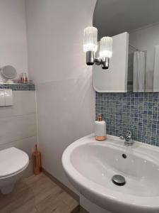 a bathroom with a sink and a toilet and a mirror at Apartamenty u Majki 2 in Frydman +21 photos