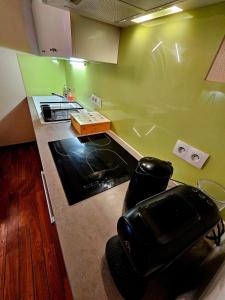 a kitchen with green walls and a stove top oven at Appartement T3 Agen, France in Agen +2 photos