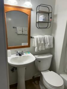 a bathroom with a sink and a toilet and a mirror at Boulevard Motel in Marmora +24 photos