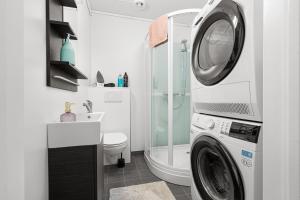 a washing machine in a bathroom with a toilet at Nord Apartments in Trondheim