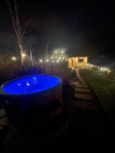 a blue tub in a yard at night at Rostrevor Mountain Lodge Hostel Accommodation in Rostrevor