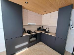 a kitchen with black cabinets and wooden ceilings at Levi Sky Igloo with private sauna and hot tub in Levi +33 photos