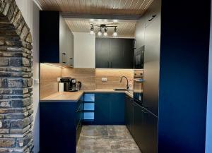 a kitchen with blue cabinets and a brick wall at Chata ARMA in Vrbov