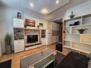 a living room with white shelves and a flat screen tv at Garsónka s klímou v Senici in Senica