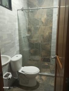 a bathroom with a toilet and a glass shower at Hotel Talauta Resort in Talauta