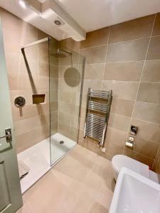 a bathroom with a shower and a toilet and a sink at The Wheel House in Penzance