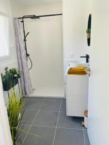 a white bathroom with a shower and a sink at Kazandko : Location meublée Haute-Savoie in Arenthon