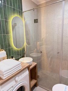 a bathroom with a shower and a washing machine at CROWN apartment 4 in Subotica