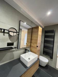 a bathroom with a white sink and a toilet at L'Abri iodé in Le Légué