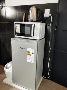 eine Mikrowelle auf einem Kühlschrank in der Unterkunft El Departamento de Oscar in Villa María + 11 Fotos
