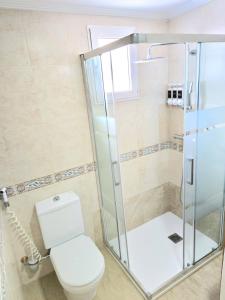 Un baño con inodoro y ducha de cristal. en Room Lidón Center 2, en Castellón de la Plana