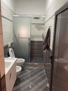 a bathroom with a shower and a toilet and a sink at Guest house Doko in Berat