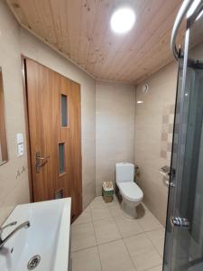 a bathroom with a toilet and a sink and a shower at Kwatery U Marka in Gowidlino +29 photos