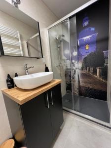 a bathroom with a sink and a shower at Apartament Rynek 17 in Krosno +9 photos