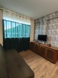 un salon avec un canapé et une télévision dans l'établissement Apto central com estacionamento, à Poços de Caldas