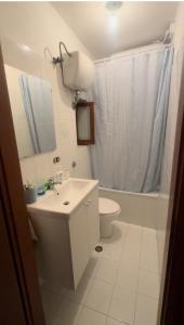 une salle de bain avec un lavabo, des toilettes et une douche dans l'établissement Casa Montagna, à Scanno
