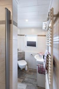 Un baño pequeño con inodoro y lavabo. en Haus-Lily-Nr-04, en Büsum