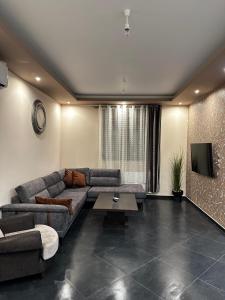 a living room with a couch and a tv at Gano Appartement in Katerini