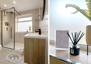 レディングにあるBoutique Double Room in Terrace Home - University Hospital City Centreの洗面台、シャワー、トイレ付きのバスルーム