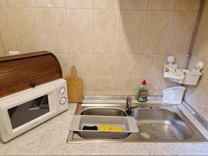 a kitchen counter with a sink and a microwave at Boglárka Apartmanház in Mezőkövesd +38 photos