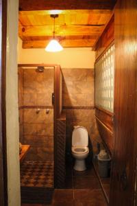 a small bathroom with a toilet and a shower at Hotel y restaurante Cuenca Antigua in Mazamitla