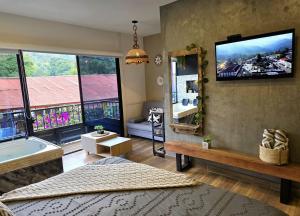 TV a/nebo společenská místnost v ubytování Habitacion Deluxe 2 con Jacuzzi a 20 mt del parque