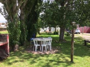 a table and chairs under a tree in a yard at La Vecindad del Sol Depto D in Miramar