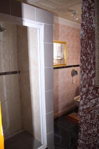 a bathroom with a shower with a glass door at Guest House Macauly in Johannesburg