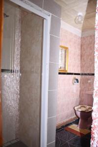 uma casa de banho com um chuveiro e um WC. em Guest House Macauly em Joanesburgo