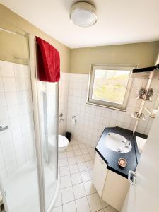 a bathroom with a shower and a sink and a toilet at Ferienwohnung mit Stil in Georgenthal +21 photos