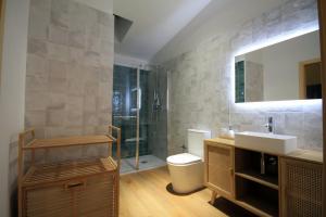 a bathroom with a toilet and a sink and a shower at Hotel Apartamentos Casas da Fortaleza in Lugo +83 photos