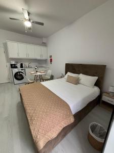 a bedroom with a large bed and a kitchen at Casa da Praça I in Vila Nova