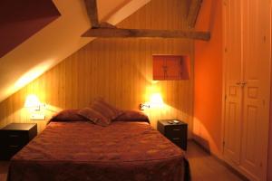 Un dormitorio con una cama con dos mesitas de noche y dos lámparas. en Apartamentos Codallos, en Tramacastilla de Tena