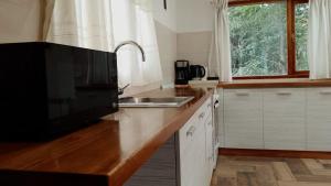 a kitchen with a counter with a sink and a microwave at Casa Tinta in San Carlos de Bariloche