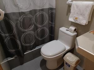 un bagno con un water e una tenda da doccia di PAKARINA HOTEL a Machu Picchu