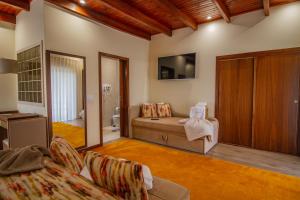 a living room with a couch and a tv at Casas das Pedrinhas by Paisagens Inéditas in Travanca
