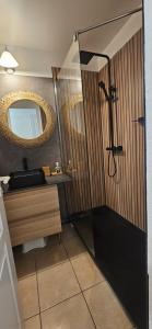 ein Badezimmer mit Dusche und Spiegel in der Unterkunft Appartement cosy sous pinède lac de Biscarrosse rénové in Biscarrosse + 10 Fotos
