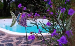 una estatua de pájaro sentada junto a una piscina con flores púrpuras en Posada Niña Juana en Villa Dolores