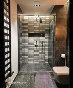 a shower stall in a bathroom with a toilet at Happy Inn VIP Lounge, self check-in, parking in Vilnius