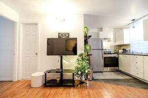 a kitchen with a television and a christmas tree in it at Central apartment in Griffin Town in Montréal